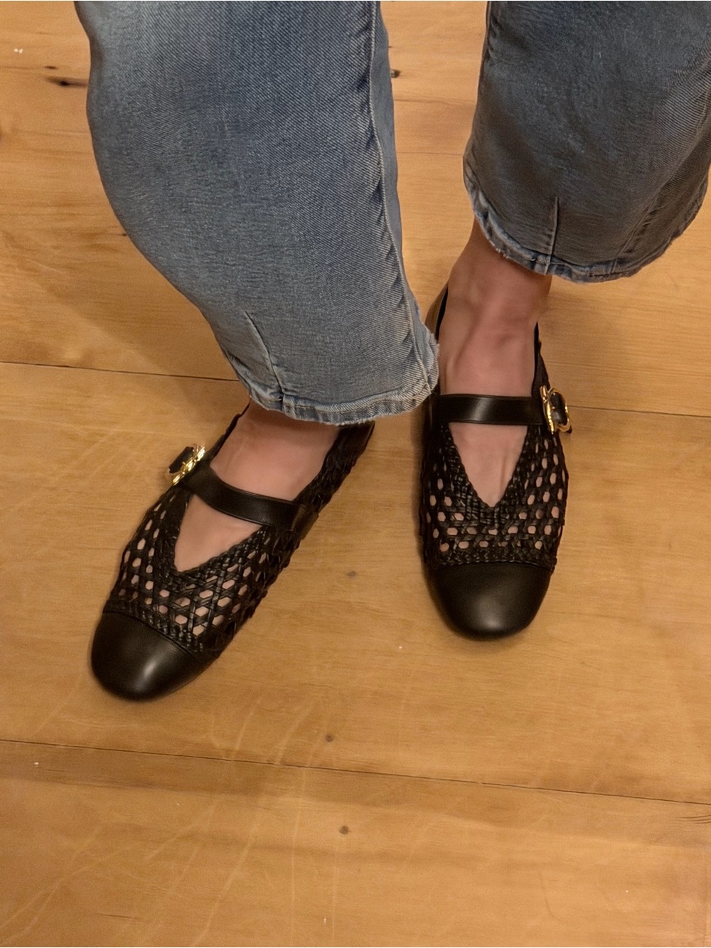 Salvatore Ferragamo Black Woven Mary Jane Flats with Gold Buckle